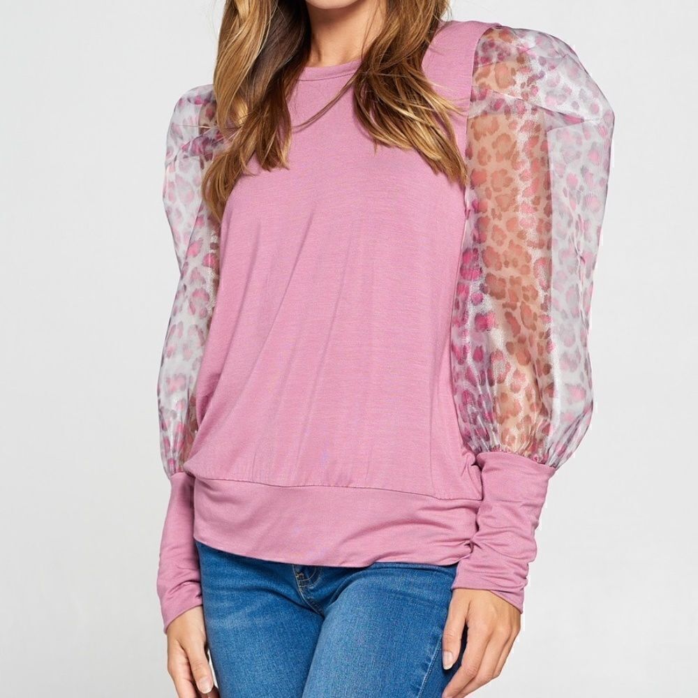 Organza Puffed Sleeve Mauve Knit Top
